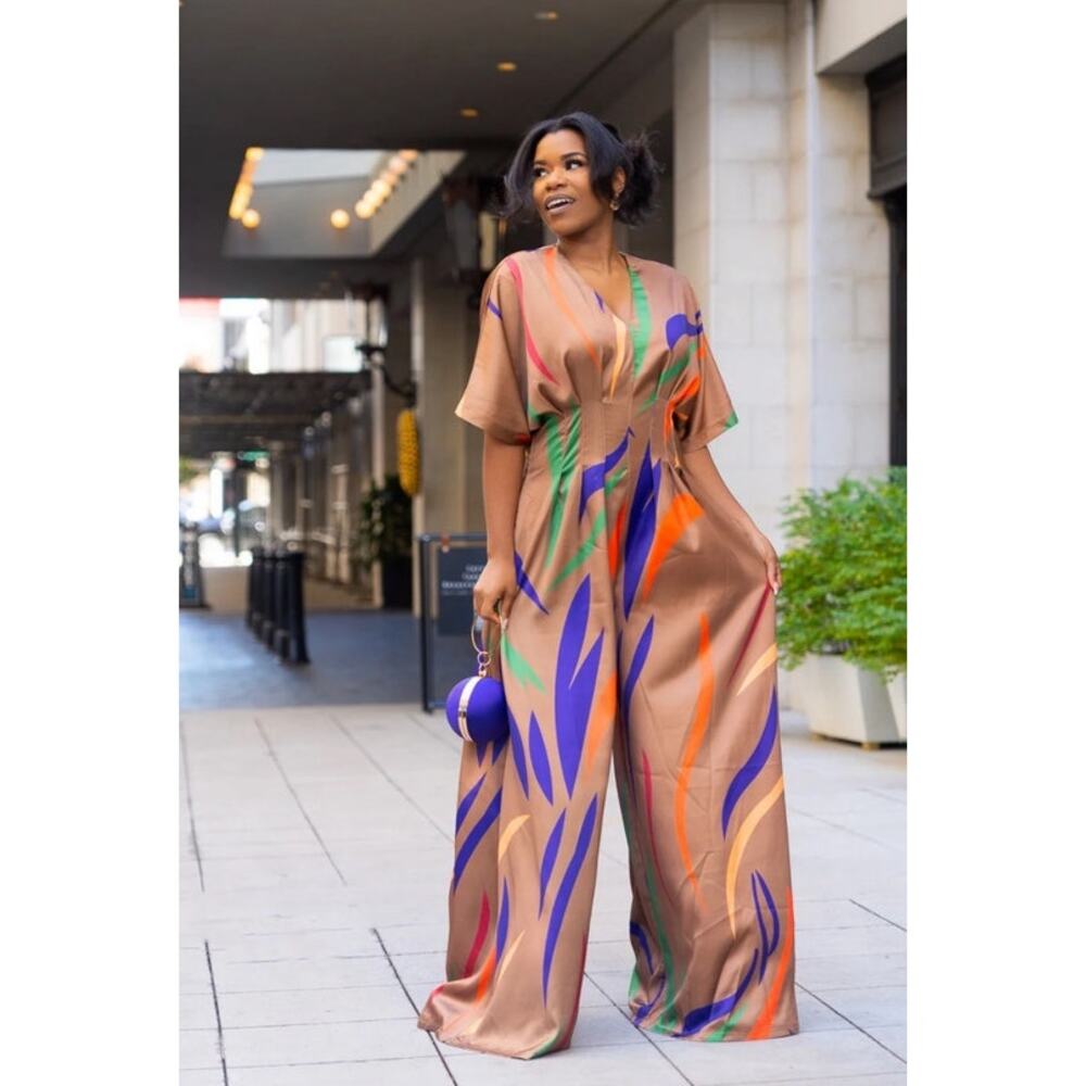Mulla Mocha Swirl Wide Leg V Neck Jumpsuit US Women's L